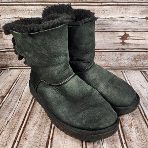 UGG Boots Women's 8 Corduroy Bow Winter Boots Black Leather Sheepskin 1094312